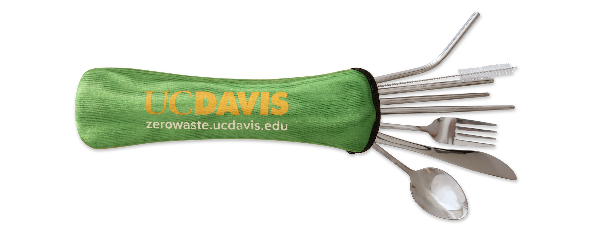 Reusable utensils, including two straws, a straw cleaner, a pair of chopsticks, a knife, a spoon and a fork