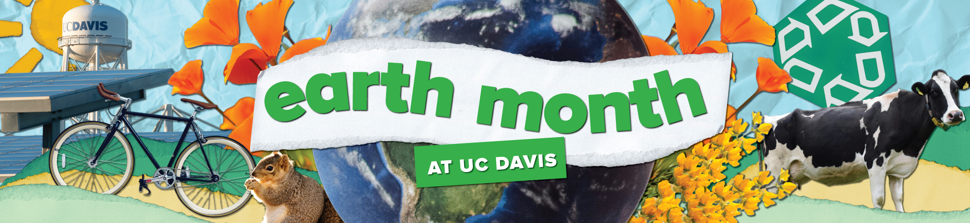 Graphic banner Earth Month at UC Davis with bike, recycling symbol, solar icons, and cow