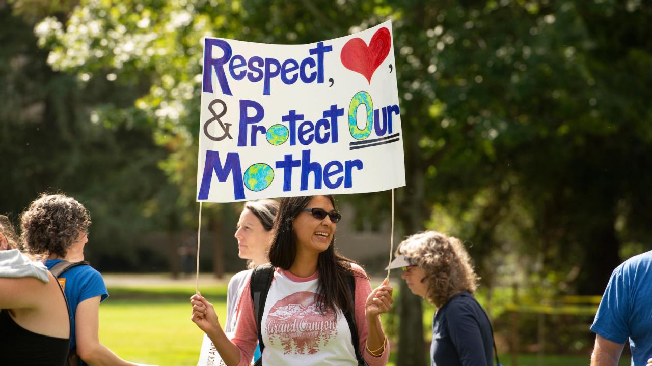 Image of student at climate strike on UC Davis campus.