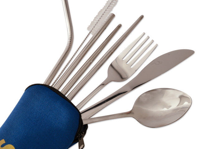 Stainless steel utensils sticking out of a neoprene carrying case