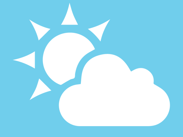 Image of a white graphic representation of a sun peeking out from behind a white cloud on a turquoise background.