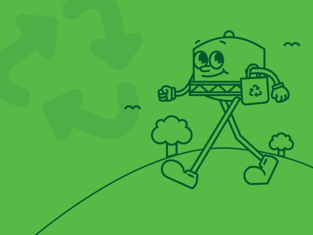 Cartoon character of the UC Davis water tower smiling and walking with a large recycling symbol in the corner.