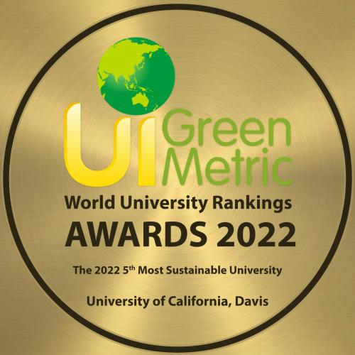 Gold background with the GreenMetric logo and the words "World University Rankings Awards 2022, the 2022 5th Most Sustainable University, University of California, Davis"