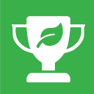 White trophy with a green leaf icon and a green background