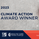 Graphic with red award ribbon reads 2023 Climate Action Award Winner